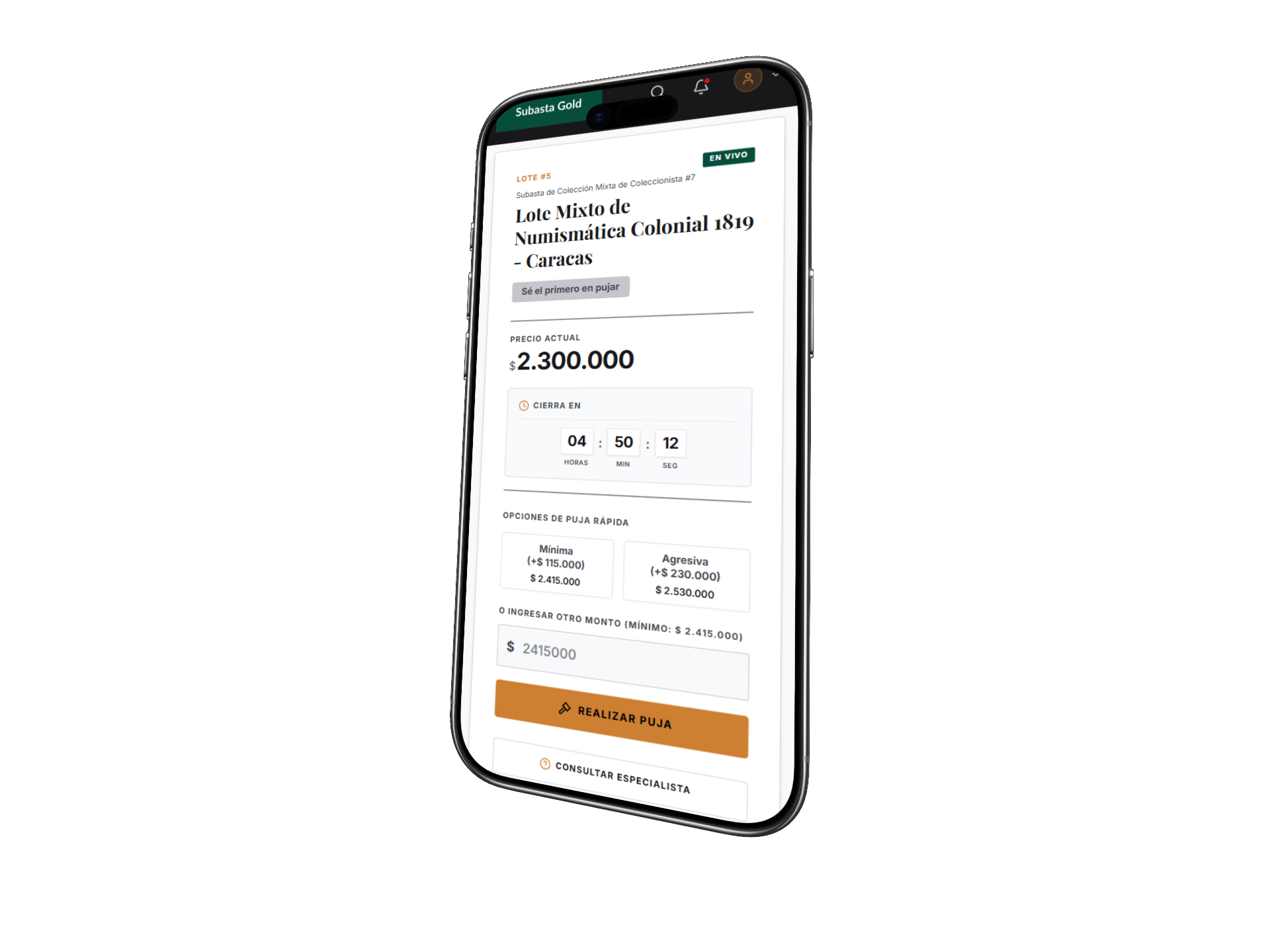 Subasta en vivo vista desde el celular: precio actual, cronómetro y botón para pujar
